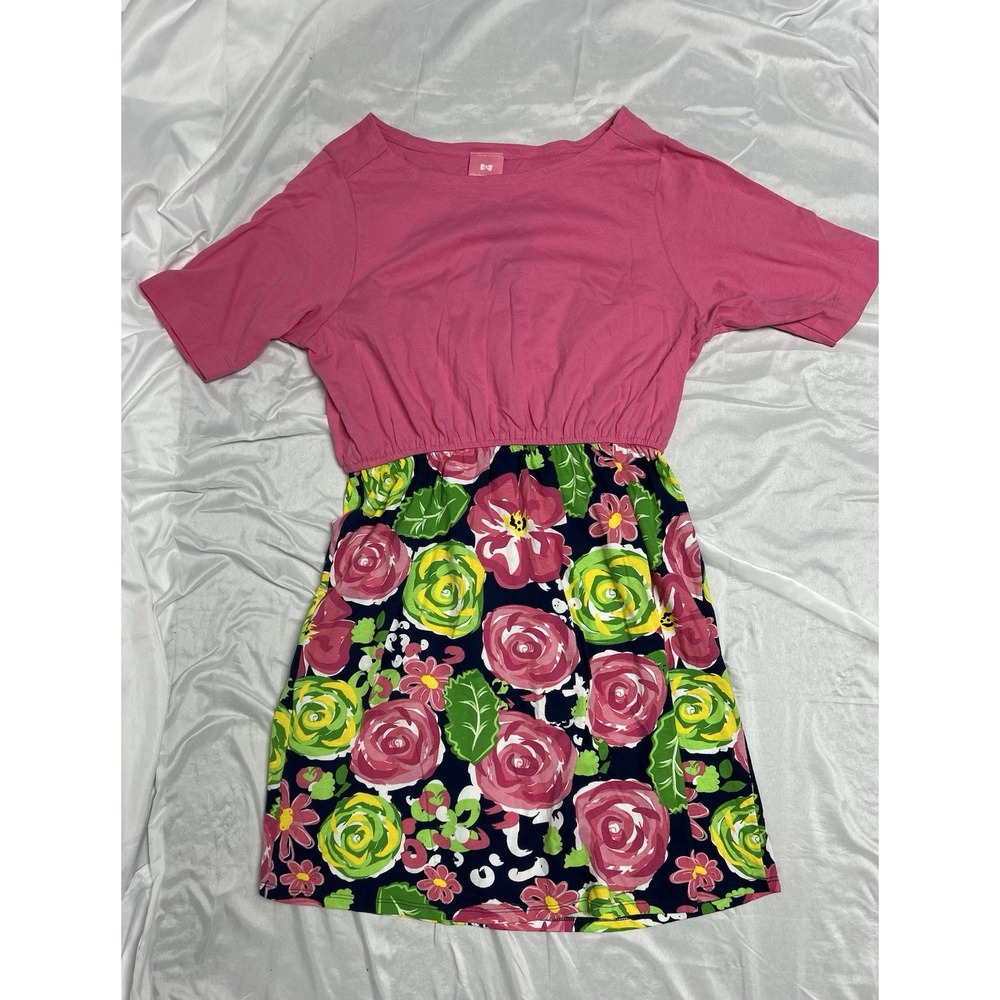 Simply Southern Short Sleeved Pink Top Elastic Waist Navy Floral Print Dress XL